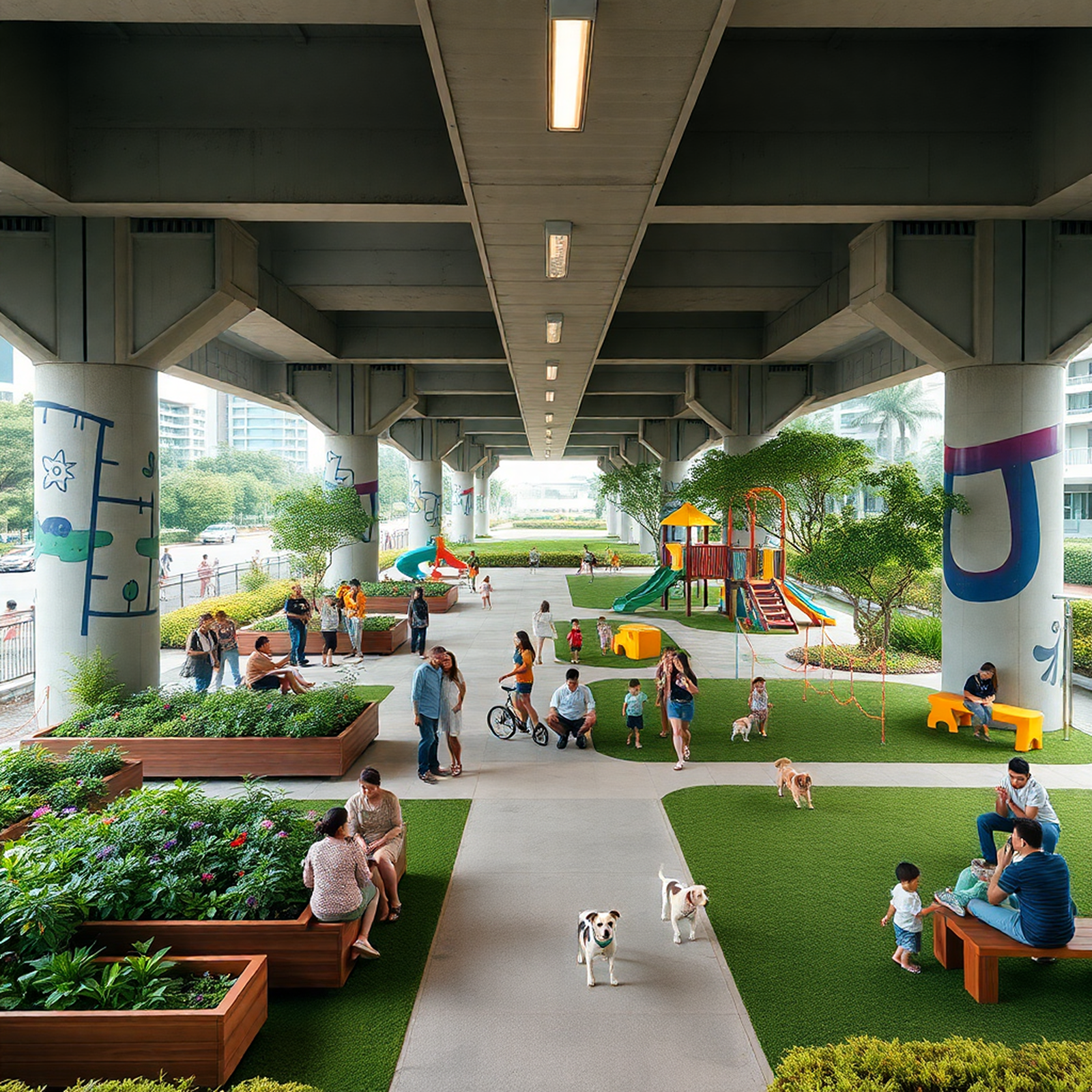 Rendering of space under flyover converted to gardens, playgrounds, and lawns